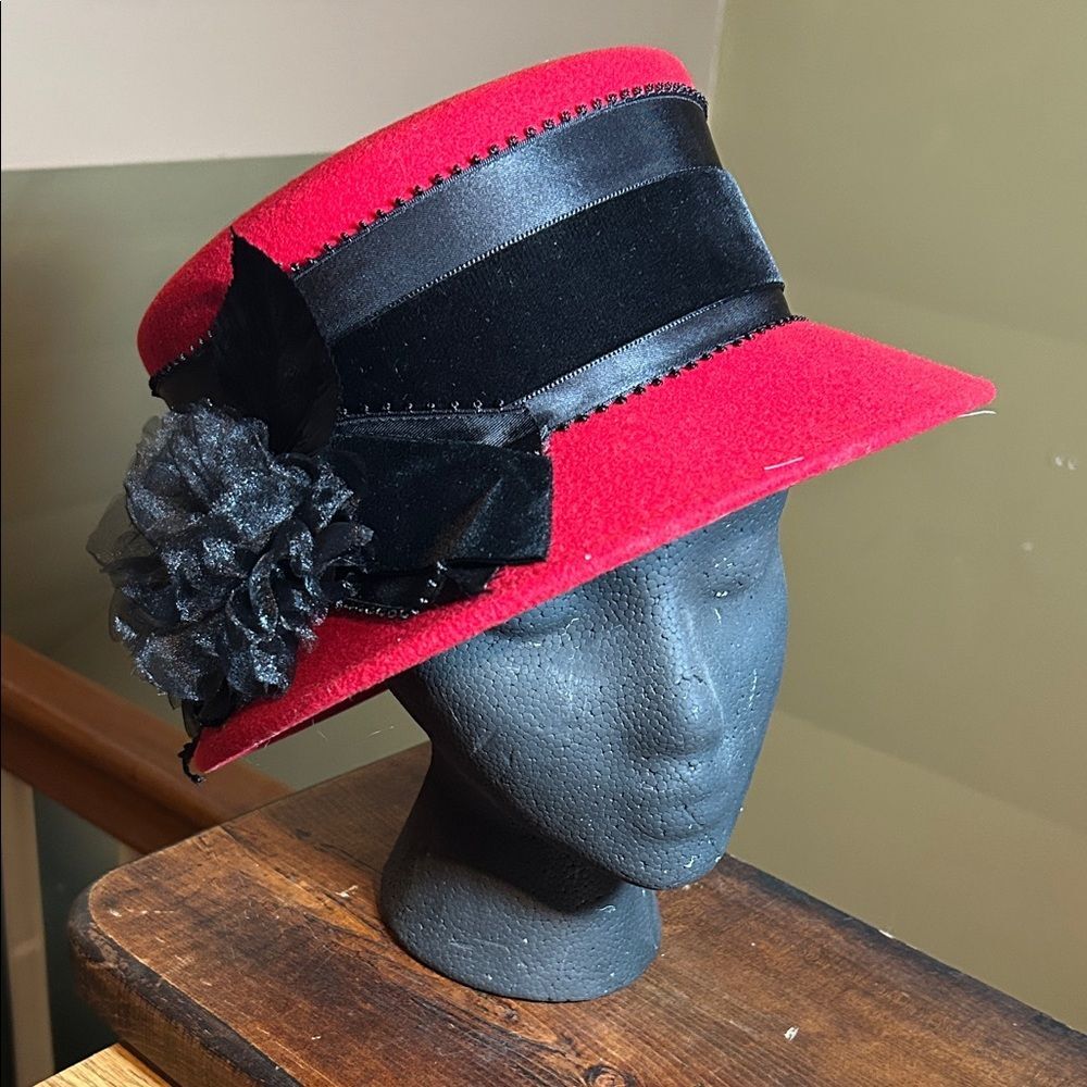 Vintage Betmar New York Red Wool Felt Cloche Derby Hat Black Velvet Bow Trim